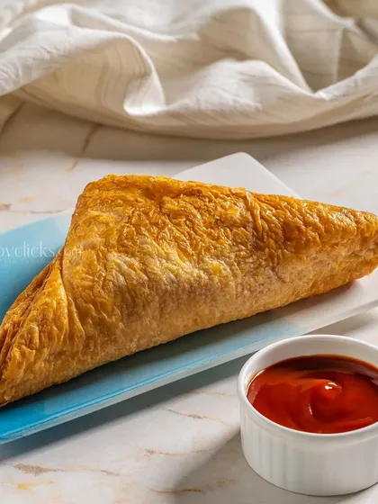 A triangular puff pastry from Gulab Sweets, shot to show its golden, crispy layers.