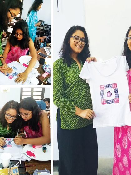 Students in our block printing workshop, learning to print patterns on t-shirts. A fun and practical skill to learn.