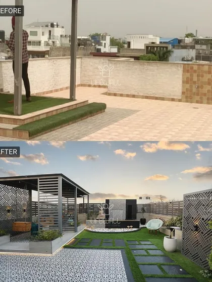 A partially built pergola on a bare terrace gets a full luxury upgrade. The final space features a modern pergola, a tranquil water feature with a Buddha statue, and multiple zones for relaxation.