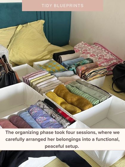 During the organizing phase, we carefully arranged belongings into a functional, peaceful setup. Here, you can see scarves and other items being file-folded into open bins.