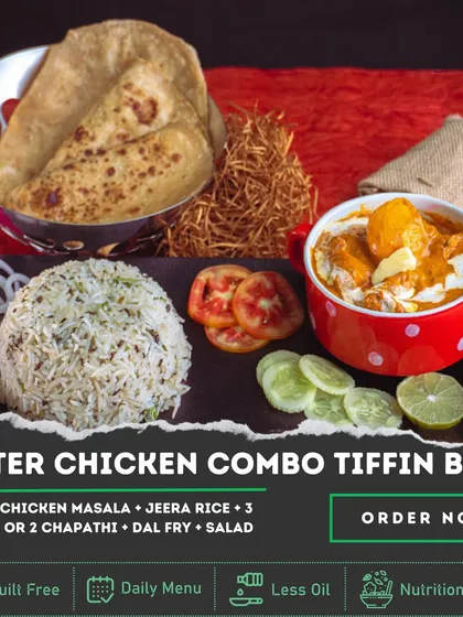 Our Butter Chicken Combo Tiffin Box is a crowd favorite for a reason. It comes with creamy Butter Chicken, Jeera Rice, Dal Fry, fresh salad, and your choice of phulka or chapati. It's a perfectly balanced and satisfying meal.