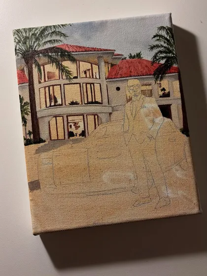 Another angle of the initial sketch phase. Getting the proportions and perspective right at this stage is crucial for the final painting's success.
