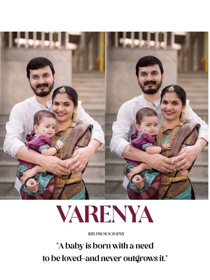 A classic family portrait of a mother, father, and their baby. The parents are holding their child together, smiling for the camera in a simple and timeless composition.