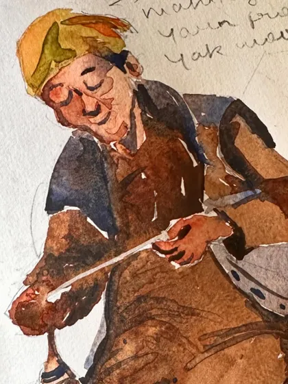 A close-up of my watercolour painting of the Ladakhi 'Amma Le'.