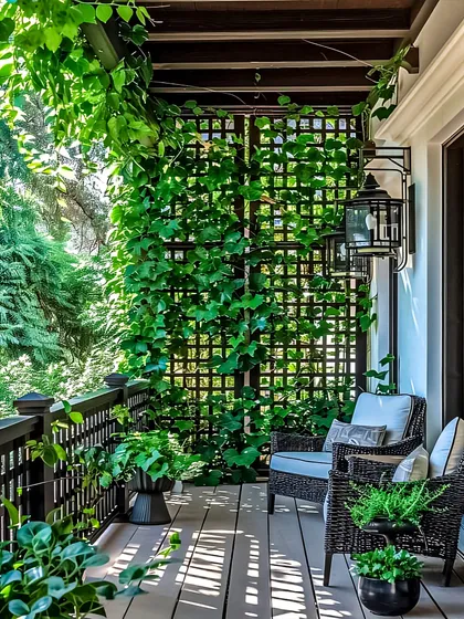 We created a private, natural sanctuary using a wooden trellis overgrown with lush climbing vines. This vertical garden not only adds beauty but also acts as a natural privacy screen, making the seating area with wicker chairs feel like a secluded garden escape.