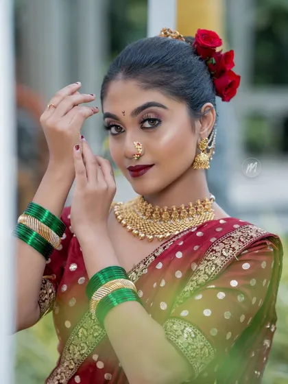 A close-up portrait from the student's Nauvari saree shoot.
