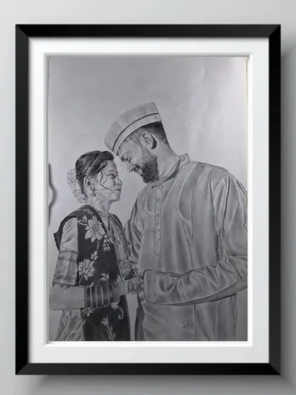 Here is a finished couple portrait, framed and ready to be displayed. I can turn your favorite photo into a beautiful piece of hand-drawn art that becomes a centerpiece in your home, celebrating your special bond.