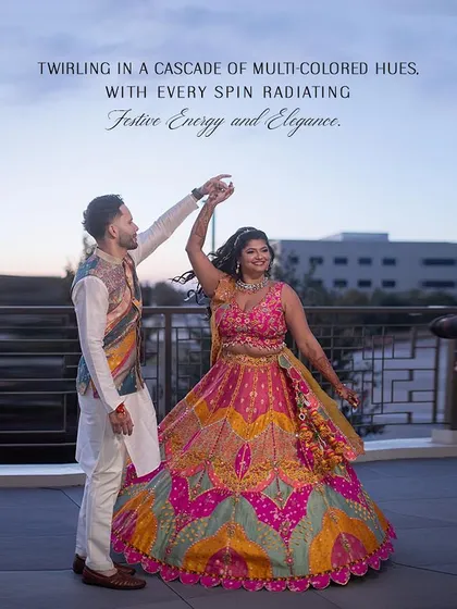 Twirling in a cascade of multi-colored hues, with every spin radiating festive energy and elegance. This is what a joyful Sangeet look is all about.