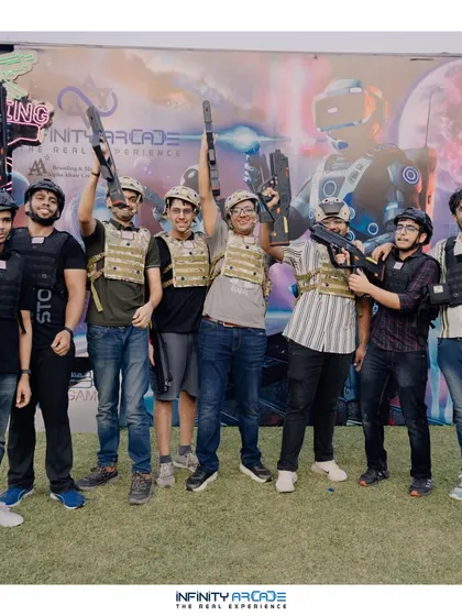 The winning squad, armed and ready for another round. Group photos like this capture the excitement and team spirit that my laser tag experience fosters at every event.