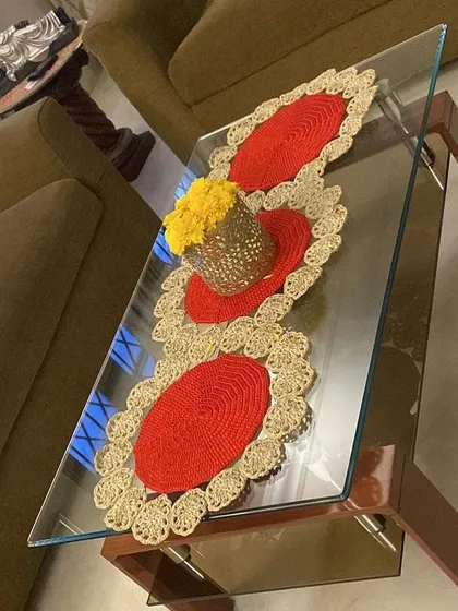Here is one of my festive table runners in action at a client's Diwali party. I love how the bright red and gold design brings the whole table setting to life and adds to the celebratory vibe.