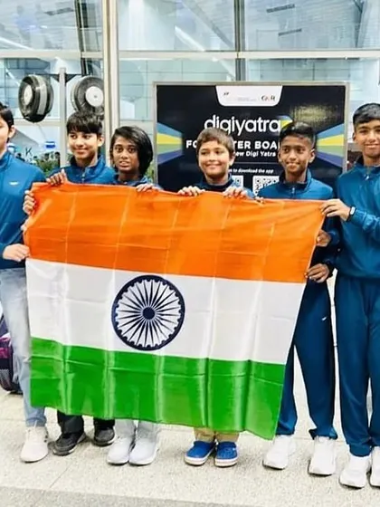 The journey begins. Our NTC coach Asha Sharma with the Indian Under-12 team at the airport, ready to travel to Kazakhstan for a major international team competition.