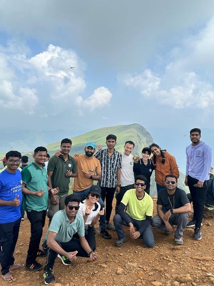 A happy group from our weekday Netravathi trek, posing at a viewpoint.