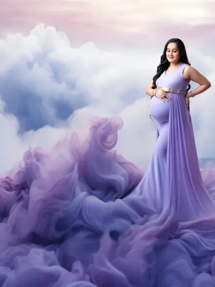 A heavenly scene with a purple gown that melts into a cloud-like floor. The painted sky backdrop adds to the magical, otherworldly feel of this portrait.