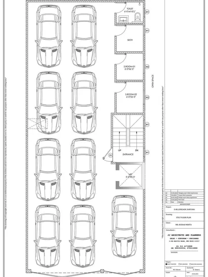 The stilt parking plan for a duplex in Gurgaon. We focus on maximizing car parking space, a crucial requirement in urban areas, without compromising on structural integrity or access.