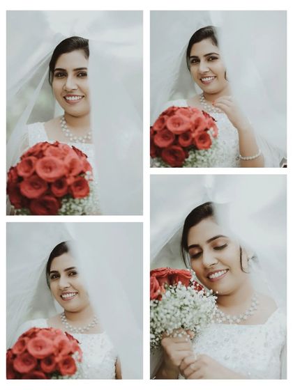 A collage of the bride with her red rose bouquet, her happy smiles captured from behind her veil.