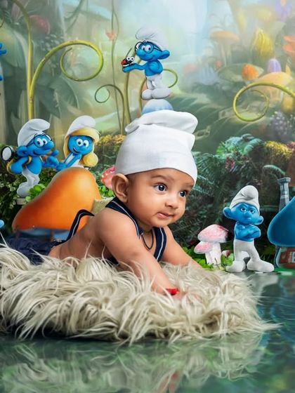 Welcome to the Smurf village. We created this detailed, immersive set for a six-month milestone shoot, capturing this little one's curiosity among the mushroom houses.