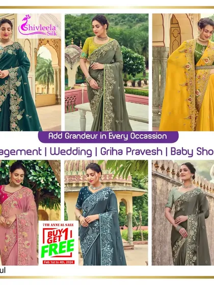 A collage showcasing the versatility of my designer sarees for every occasion, from an engagement to a griha pravesh. The collection includes various colours and embroidery styles to match your personal taste.