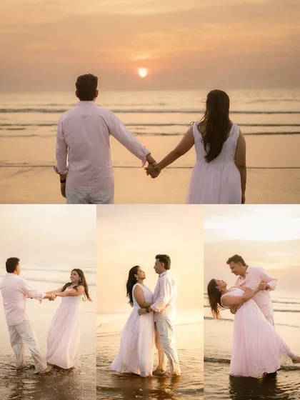 A collage of a couple's romantic pre-wedding shoot on the beach at sunset. From holding hands by the water to a playful dip, these photos capture the warm, golden hour glow and their carefree connection.