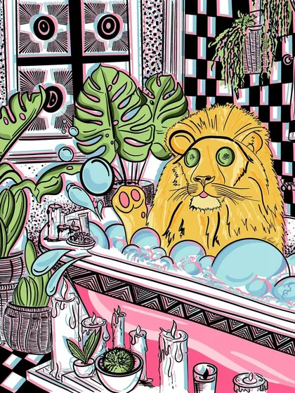 Even the king of the jungle needs a spa day. This fun illustration shows a lion relaxing in a bubble bath, surrounded by plants and candles.
