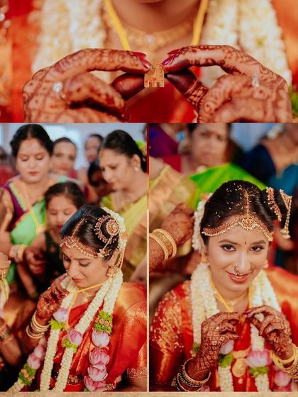 A collage showing the details of an Iyer wedding ceremony, from the tying of the thali to the blessings from family.