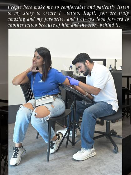 "People here make me so comfortable and patiently listen to my story to create 1 tattoo." A comfortable and happy client during her 4th session with us.