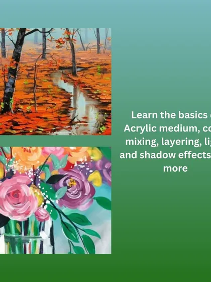 Our acrylic course covers the basics of the medium, color mixing, layering, light and shadow effects, and brush and knife techniques.