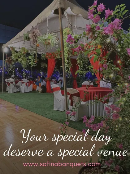 Your special day deserves a special venue like our Terrace Garden, shown here with a beautiful floral foreground and a cozy tent setup.