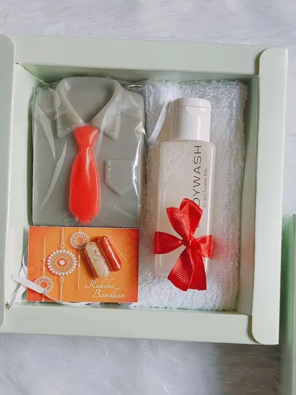 Another color option for the classic Rakhi hamper, with a grey shirt soap and red tie.