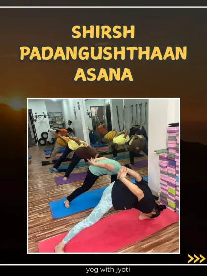 A graphic for Shirsh Padangushthaan Asana, highlighting this advanced pose.