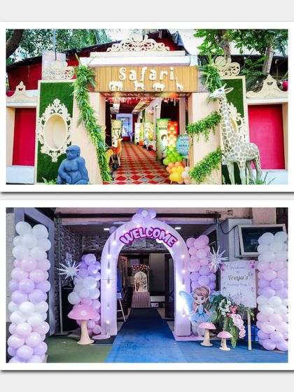 Two distinct themes, two grand entrances. On top, a Safari gate welcomes guests to an adventure, while below, a whimsical fairy-themed arch with pastel balloons and mushrooms sets a magical tone.