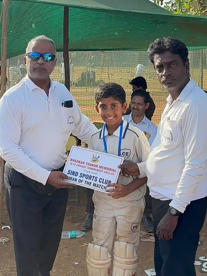 Recognition for a match-winning performance. Vedhas Ghate receiving the Player of The Match award for his 4 wickets in the U-12 Bhaskar Thakur Memorial.