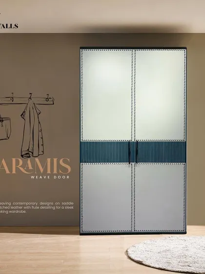 The 'Aramis' weave door. We created this look by weaving contemporary designs onto saddle-stitched leather, adding flute detailing for a sleek and highly refined wardrobe finish.