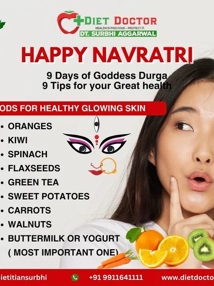 During Navratri, or any time of year, focusing on these nine foods can give you healthy, glowing skin. Oranges, spinach, walnuts, and yogurt are all excellent for skin health.