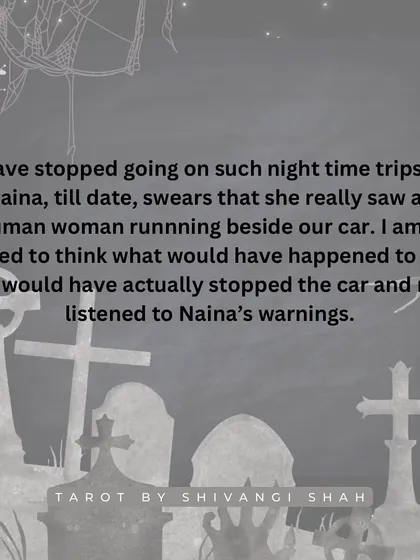A road trip story where a girl sees a woman with white eyes running alongside their car at 100 km/h.