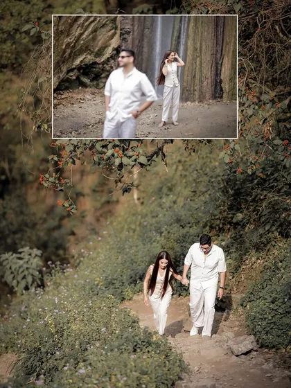 This collage shows the couple exploring a natural landscape with a waterfall. It combines a candid walking shot with a more composed portrait, showcasing the adventure of a destination shoot.