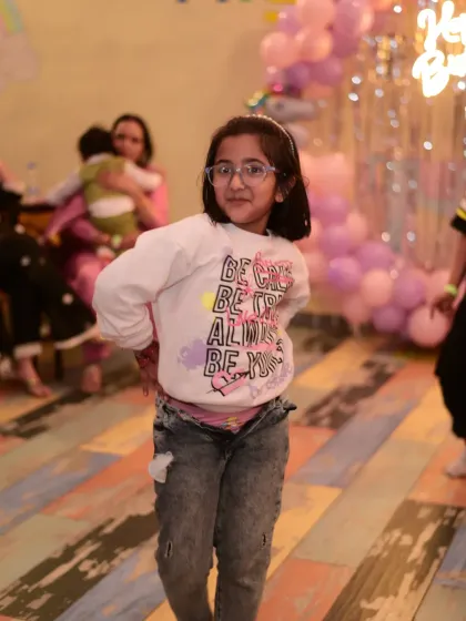 A young guest showing off her dance moves. Music and dancing are always a part of the fun at our parties.