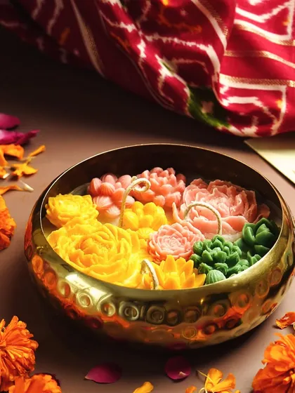 Another view of our stunning Flower Garden Urli. The combination of colorful wax flowers in the hammered brass bowl makes this a perfect statement piece for your home.