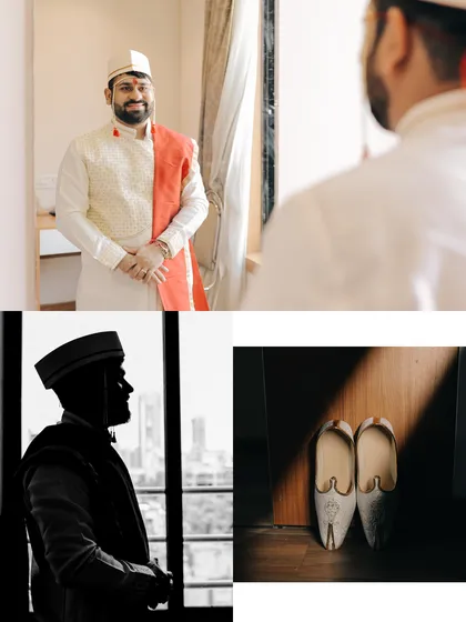 Details of the groom's preparation, including a silhouette against the city skyline and a close-up of his traditional footwear (mojari).