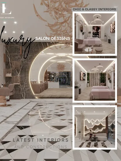 This design board captures the essence of chic and classy salon interiors I love to create. It highlights key elements like rose-gold accents, plush pink furniture, intricate geometric flooring, and dramatic, layered lighting. These concepts show how I can tailor a luxurious and feminine aesthetic to fit your brand.