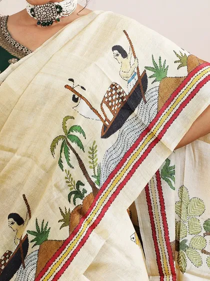 A close-up of the print, showing people in boats, palm trees, and the serene backwaters.