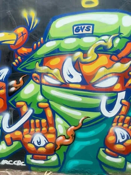 A character I painted in Yogyakarta, Indonesia. I might be the first person to do Hindi graffiti outside India, so I had to bring that flavor.