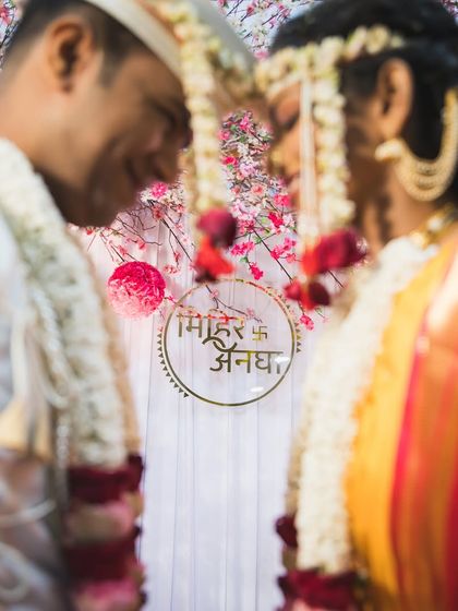 A soft-focus, romantic shot of the couple during their ceremony.