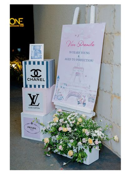 A clear shot of the custom easel sign, reading "70 Years Young & Aged to Perfection," perfectly capturing the spirit of the milestone celebration with a touch of Parisian flair.