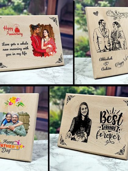 More examples of the custom wooden frames, showing both full-color photo printing and elegant black-and-white sketch effects for anniversaries, Father's Day, and friendship gifts.