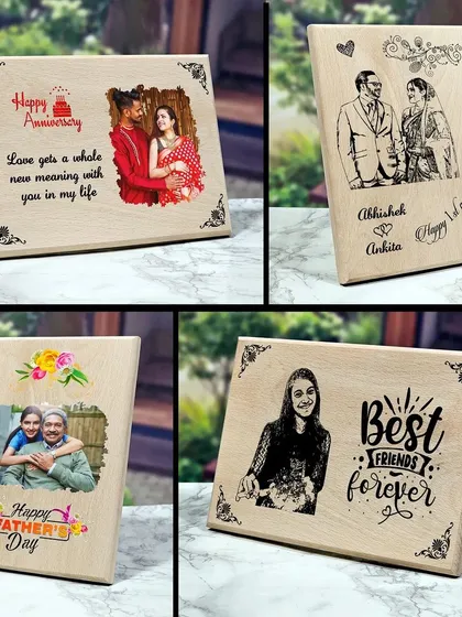 Here you can see both color photo printing and sketch-style engraving on the wooden plaques, perfect for anniversaries, Father's Day, and best friends.