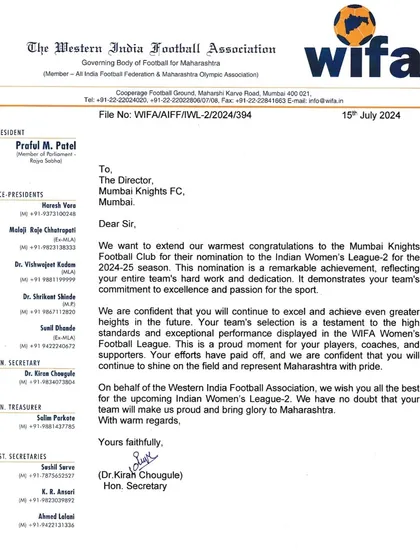 The official letter from WIFA nominating Mumbai Knights FC for the Indian Women's League-2. A proud moment for our club.
