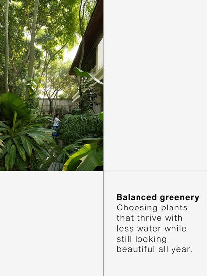 A graphic explaining the "Balanced Greenery" challenge, which involved choosing plants that are both beautiful and water-efficient. This demonstrates a commitment to ecological and sustainable planting design.
