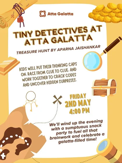 Poster for the 'Tiny Detectives' treasure hunt, promising clues, codes, and surprises.