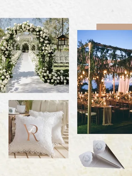 More inspiration for 'The Luxe Garden', focusing on the floral archway, personalized details, and the magical ambiance of an evening dinner under the stars.