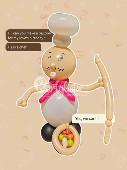 "Can you make a balloon for my love's birthday? He is a chef!" Yes, we can! This image shows how we take a client's request and turn it into a personalized and whimsical balloon sculpture.